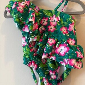Janie and Jack Green Floral One-Shoulder Swimsuit